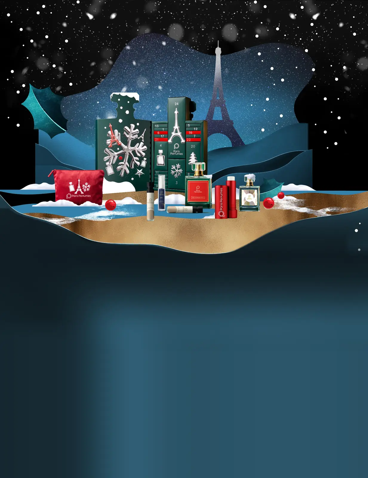 Adventní kalendář Paris Perfumes 2026, předprodej: zelená krabice ve tvaru flakonu s Eiffelovou věží a sněhovými vločkami, vedle červená kosmetická taštička, balzámy na rty, vzorky a flakony na zasněžené scéně, v pozadí noční Paříž, nápis let it Perfume, let it Paris a zlatý pruh s nápisem limitovaná edice