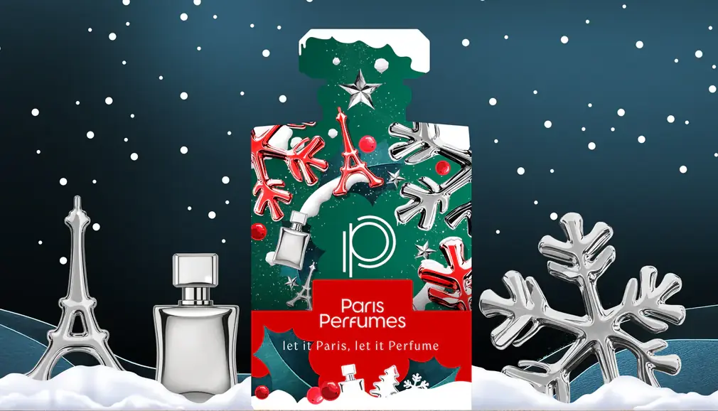 Zelená krabice kalendáře Paris Perfumes 2026 ve tvaru flakonu, s červenými sněhovými vločkami a nápisem let it Paris, let it Perfume