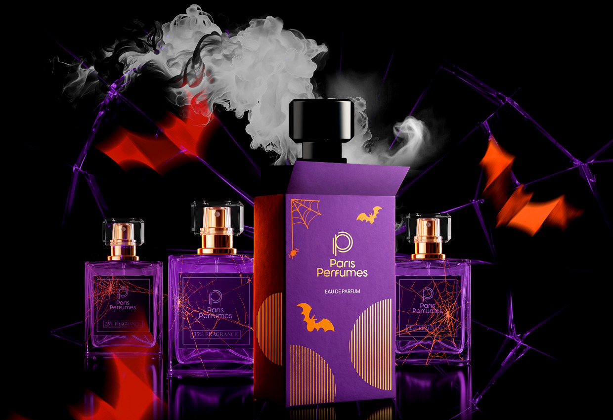 Tři fialové flakony Paris Perfumes a halloweenská krabička mezi kouřem, netopýry a pavučinami