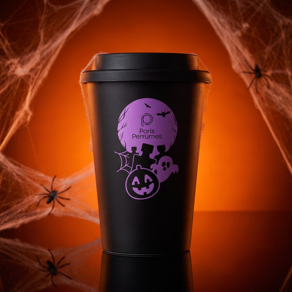 Černý termohrnek Hokus Paris Halloween Edition na oranžovém pozadí s pavučinou