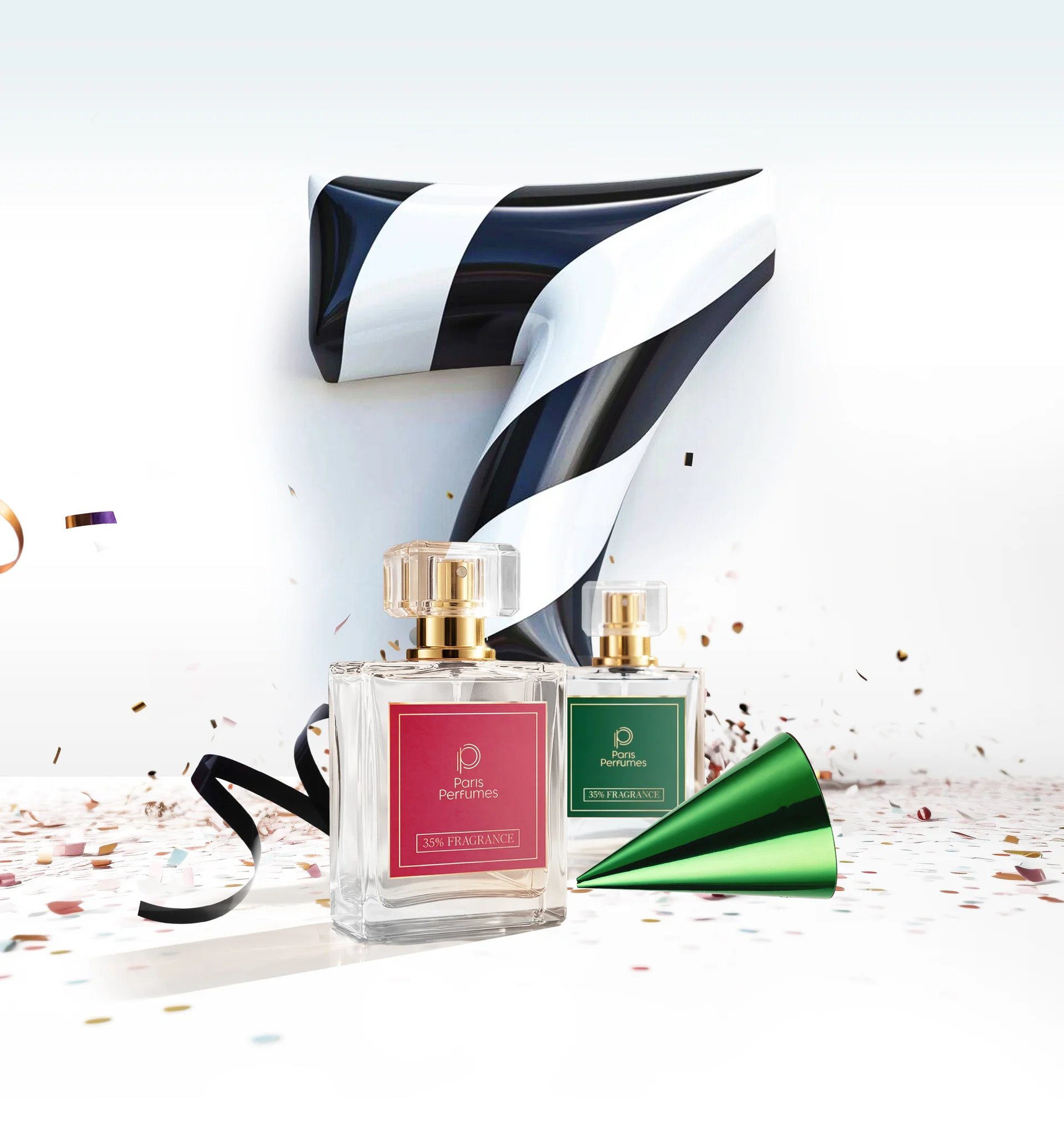 Narozeninová kompozice s číslicí 7 a flakony Paris Perfumes