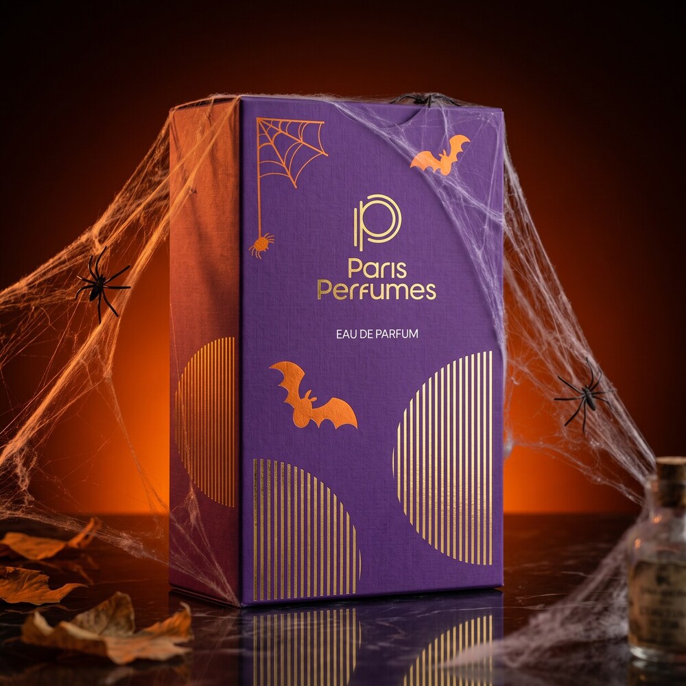 Fialovo-oranžová krabička BLIND BOX Paris Perfumes v halloweenské scenérii