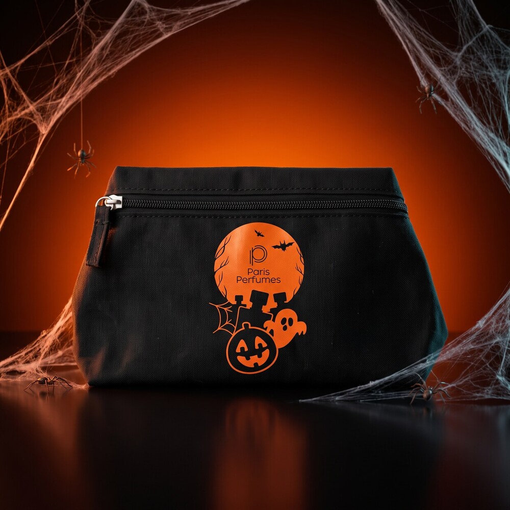 Černá mini kosmetická taštička Spell Pouch s dýní Paris Perfumes na pozadí pavučiny